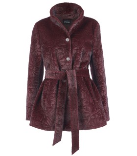 Късо дамско Пухкаво палто в як бордо цвят с колан от ЕТЕРЕ