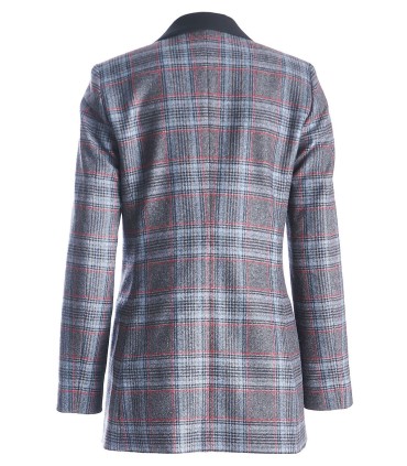 Карирано удължено дамско сако в сиво и червено с уникални елементи