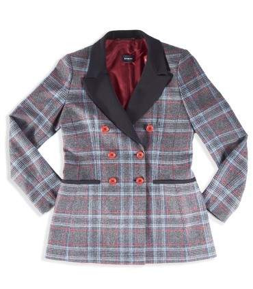 Карирано удължено дамско сако в сиво и червено с уникални елементи