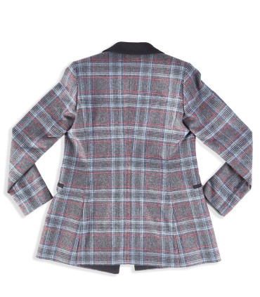 Карирано удължено дамско сако в сиво и червено с уникални елементи