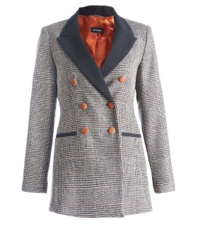 Карирано удължено сако от 100% вълна с оранжеви акценти