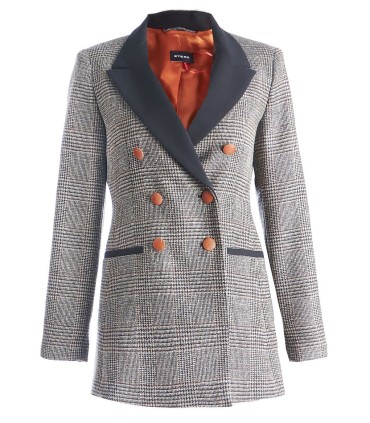 Карирано удължено сако от 100% вълна с оранжеви акценти