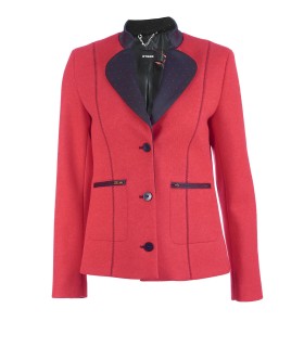 Дамско сако в червен цвят с заоблени ревери перфектно за костюм