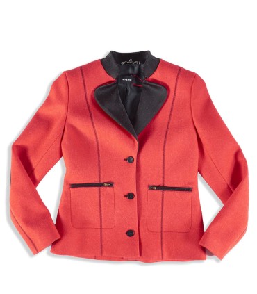 Дамско сако в червен цвят с заоблени ревери перфектно за костюм