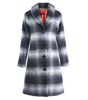Дълго карирано вълнено палто до коляно в сиво с червен хастар.