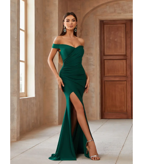 Дълга Зелена Рокля с разкроени рамене Елегантна бодикон рокля за парти Тъмнозелена рокля