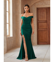 Дълга Зелена Рокля с разкроени рамене Елегантна бодикон рокля за парти