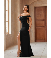 Дълга Черна Рокля с разкроени рамене Елегантна бодикон рокля за парти