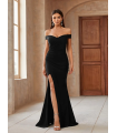 Дълга Черна Рокля с разкроени рамене Елегантна бодикон рокля за парти