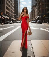 Дълга червена рокля до земята с цепка паднало рамо и цепка до долу бал 2025
