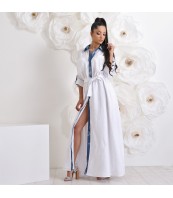 Бяла ленена макси рокля – с деним акценти