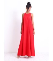 Червена ленена макси рокля без ръкави – елегантна кафтан рокля за коктейл и ежедневие
