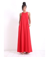 Червена ленена макси рокля без ръкави – елегантна кафтан рокля за коктейл и ежедневие