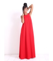 Червена ленена макси рокля без ръкави – елегантна кафтан рокля за коктейл и ежедневие