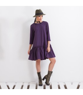 Елегантна лилава рокля до коляното с панделка и  ръкави