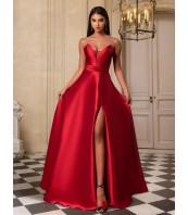 Червена дълга рокля с открити рамене и гръб с връзки тип корсет – Бални рокли 2026