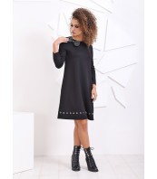 Черна свободна рокля с джобове, капси и дълъг ръкав