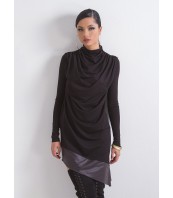 Черна асиметрична туника с поло яка и кожен акцент