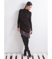 Черна асиметрична туника с поло яка и кожен акцент