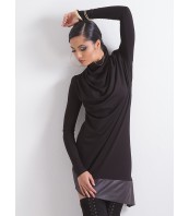 Черна асиметрична туника с поло яка и кожен акцент