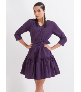 Лилава  рокля с панделка и разкроена пола