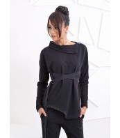 Асиметричен черен топ с декоративен колан