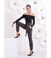 Черен топ с паднало рамо и дантела – Елегантна блуза ETERE