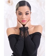 Черен топ с паднало рамо и дантела – Елегантна блуза ETERE