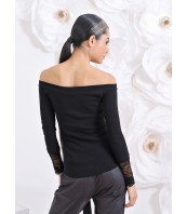 Черен топ с паднало рамо и дантела – Елегантна блуза ETERE