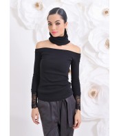 Черен топ с паднало рамо и дантела – Елегантна блуза ETERE