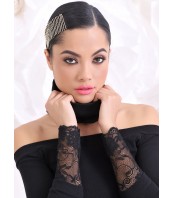 Черен топ с паднало рамо и дантела – Елегантна блуза ETERE