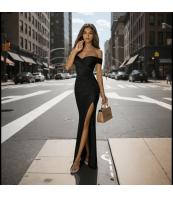 Дълга червена рокля до земята с цепка паднало рамо и цепка до долу бал 2025